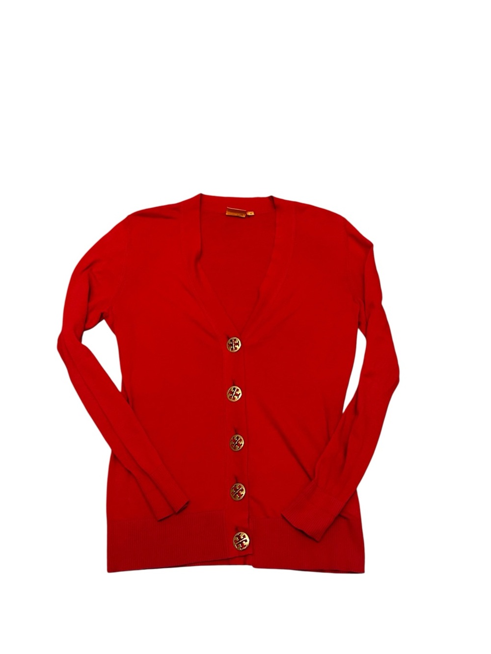 Tory Burch Red V‑Neck Button Cardigan with Gold Buttons